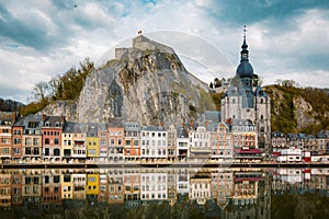 Historic town of Dinant with river Meuse at sunset, Wallonia, Belgium