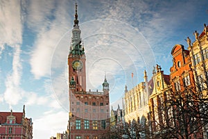 Historic town hall of Gdansk city at sunset, Poland
