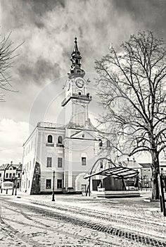 Historic town hall in main square, Kezmarok, Slovakia, colorless