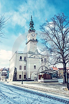 Historic town hall in main square, Kezmarok, Slovakia, winter sc