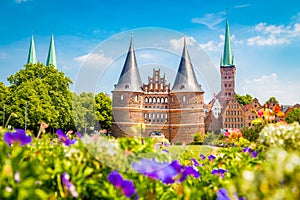 Historic town of LÃ¼beck with famous Holstentor gate in summer, Schleswig-Holstein, northern Germany