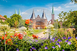 Historic town of LÃ¼beck with famous Holstentor gate in summer, Schleswig-Holstein, northern Germany