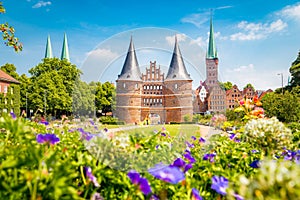 Historic town of LÃ¼beck with famous Holstentor gate in summer, Schleswig-Holstein, northern Germany