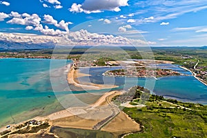 Historic town of Nin laguna and beach sandbars aerial view