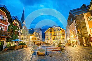 Historic town square of Hallstatt at night in the Austrian Alps