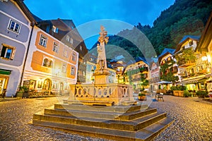 Historic town square of Hallstatt at night in the Austrian Alps