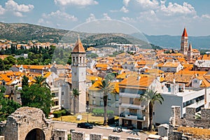 Historic town Trogir panorama view from Kamerlengo castle and fortress in Trogir, Croatia