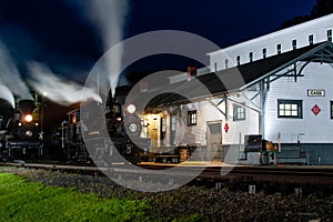 Historic Train Depot + Long Exposure Night View of Antique Shay Steam Locomotives - Cass Railroad - West Virginia photo