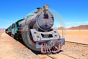 Historic train in the Wadi Rum desert in Jordan