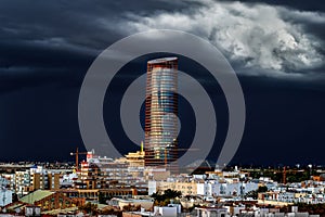 Historic Triana Neighborhood and Seville city skyline at dusk. Seville city, Tradition and Modernity