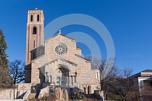 Historic university chapel front and tower in saint paul