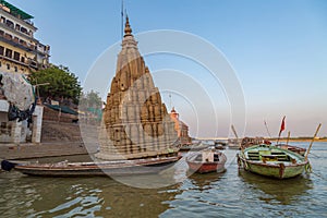 Historic Varanasi city architecture with view of the Ganges riverbank