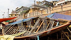 Historic Varanasi ghats, ancient] temples and buildings along the river Ganges