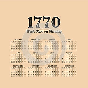 Historic vector calendar of 1770. Start on Monday