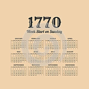 Historic vector calendar of 1770. Start on Sunday