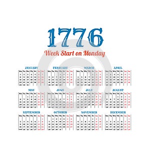 Historic vector calendar of 1776. Start on Monday