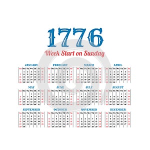 Historic vector calendar of 1776. Start on Sunday