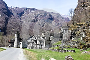 Historic Village with old Stone Rustico Houses in the Bavona Valley in Ticino in Ritorto, Switzerland photo