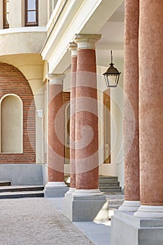 Historic Vista Alegre garden palace. Pasage and columns. Madrid, Spain