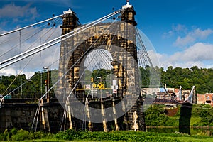 Historic Wheeling Suspension Bridge + Downtown Buildings - Ohio River - Wheeling, West Virginia