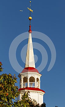 The historic white stone tower of Trinity Chapel United Church of Christ, Frederick Maryland.