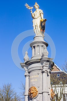 Historic Wilhelmina fountain on the Brink square in Deventer