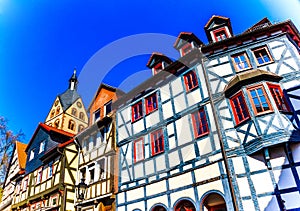 Historic wood-framed houses in Barbarossa town Gelnhausen, the geographic center of the European Union in 2010, Germany
