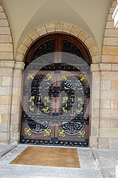 Historic wooden art door of parlement of cataluÃ±a photo