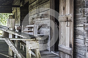 Historic wooden cabin or barn.