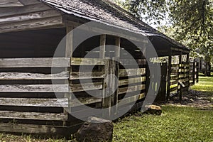 Historic wooden cabin or barn.