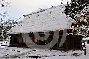 Historic wooden houses from Edo period covered in snow at Hida Folk Village in Takayama, Japan