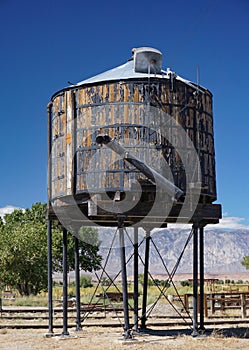 A historic wooden railroad water tank in Laws, California