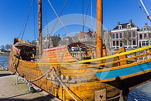 Historic wooden ship in the harbor of Harlingen