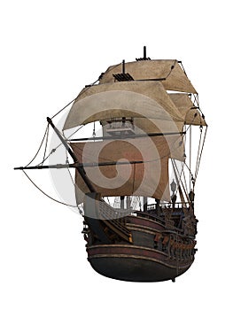 Historic wooden tall ship with wind in the sails. Isolated 3D render viewed from the front