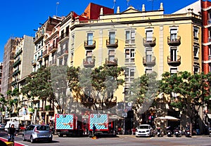 Historic Yellow Stucco Apartment Building, Barcelona, Catalonia, Spain