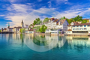 Historic Zurich city center with famous Fraumunster Church and Limat river, Switzerland photo
