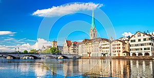 Historic Zurich city center with famous Fraumunster Church and Limmat river