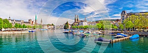 Historic Zurich city center with famous Fraumunster Church and Limmat river