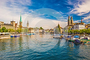 Historic Zurich city center with famous Fraumunster Church, Limmat river and Zurich lake, Switzerland photo