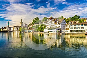 Historic Zurich city center with famous Fraumunster Church, Limmat river and Zurich lake photo