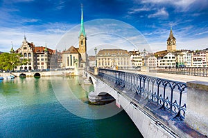 Historic Zurich city center with famous Fraumunster Church, Limmat river and Zurich lake photo