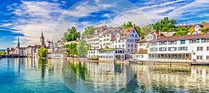Historic Zurich city center with famous Fraumunster Church, Limmat river and Zurich lake, Zurich, Switzerland