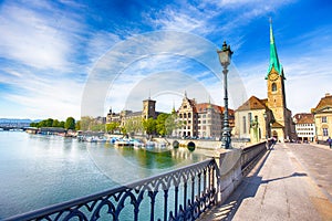 Historic Zurich city center with famous Fraumunster Church, Limmat river and Zurich lake, Zurich, Switzerland photo