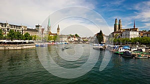 Historic Zurich city center with famous Fraumunster and Grossmunster Church, Limmat river and Zurich lake, Switzerland