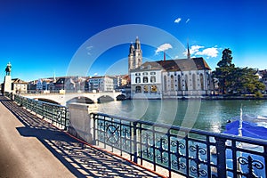 Historic Zurich city center with famous Grossmunster Church and Limmat river