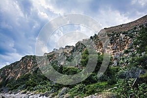 The historical Acronauplia fortress against an overcast sky, in Nafplio city, Argolis, Greece