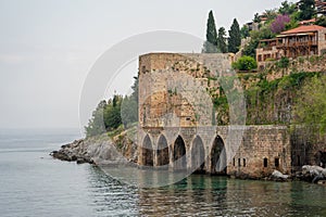 Historical Alanya Shipyard and Kizil Kule walls located in Alanya district of Antalya