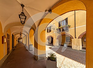 Historical arcades in Caramagna Piemonte, Piedmont, Italy