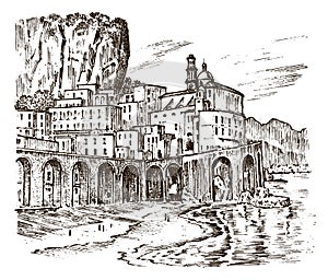 Historical architecture with buildings, perspective view. Landscape in European city Atrani in Italy. Engraved hand