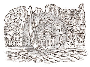 Historical architecture with buildings, perspective view. Seascape in European city Atrani in Italy. Engraved hand drawn